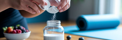 Scooping vegan creatine monohydrate powder.