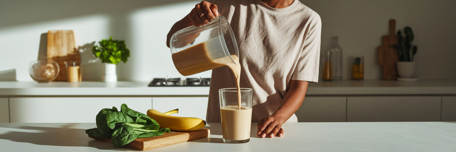 Person smiling while making protein shake.