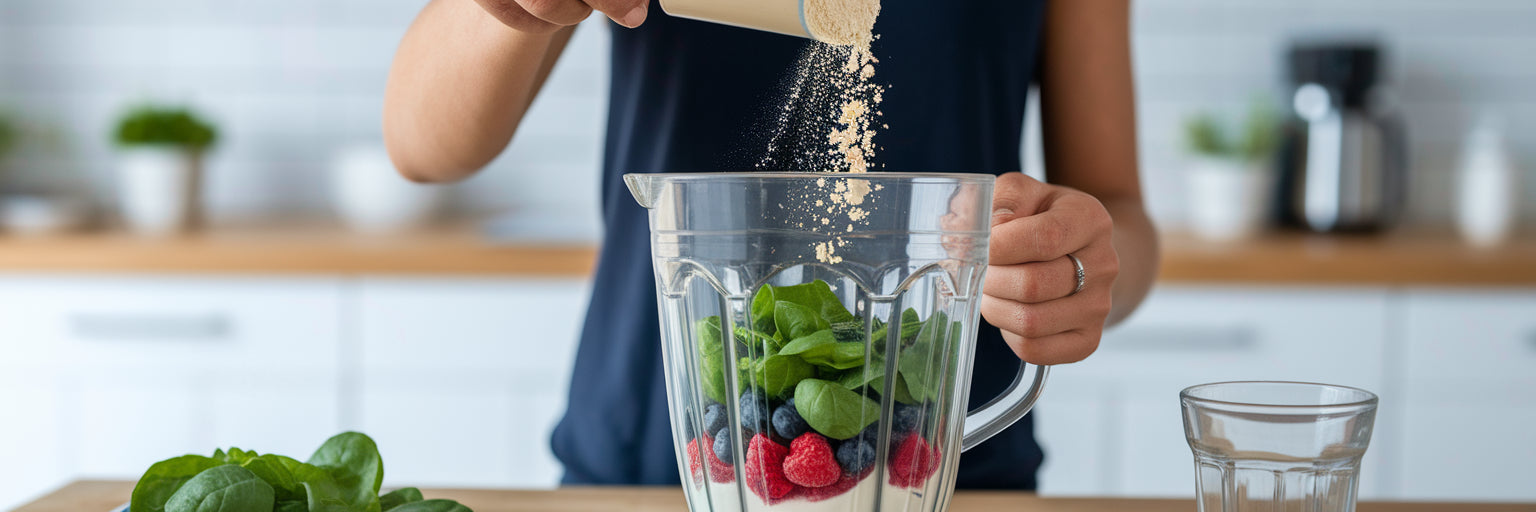 Adding vegan protein powder to a smoothie.