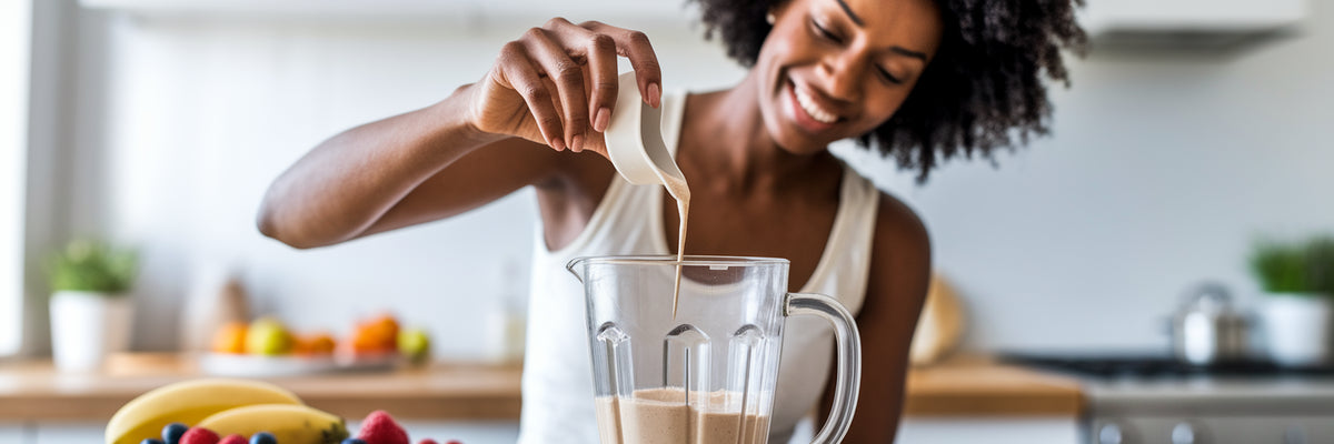 Woman making a vegan protein shake.