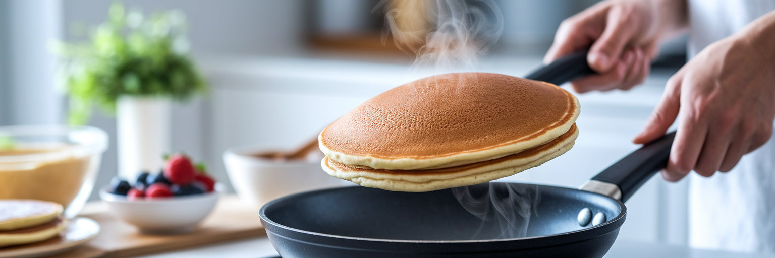 Flipping a vegan protein pancake in pan.