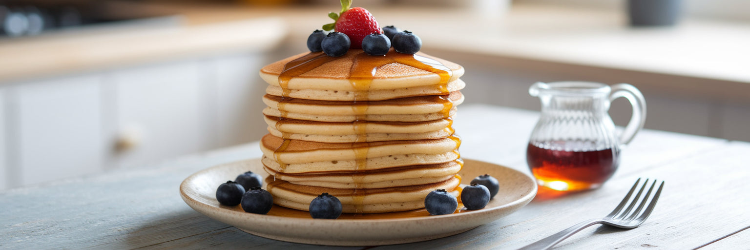 Fluffy high-protein vegan pancakes stack.